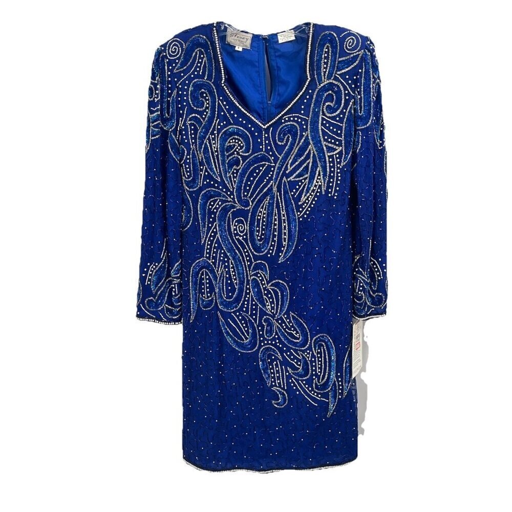 Vintage 80s Stenay Beaded Dress Made In India Silk Sequin Royal Blue Sz 4 NWT